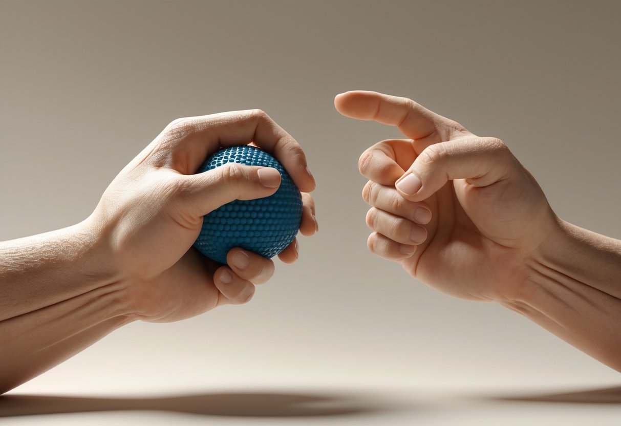 A pair of hands performing different warmup exercises to strengthen grip, including squeezing a ball, stretching fingers, and making a fist.