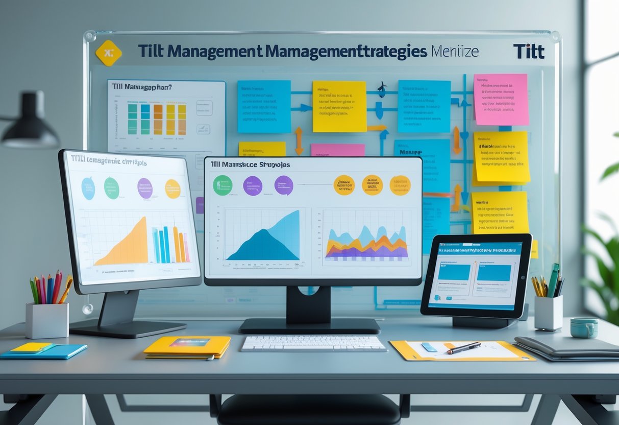 A modern workspace with digital screens, notebooks, and a transparent board showing charts and diagrams about managing emotional states.