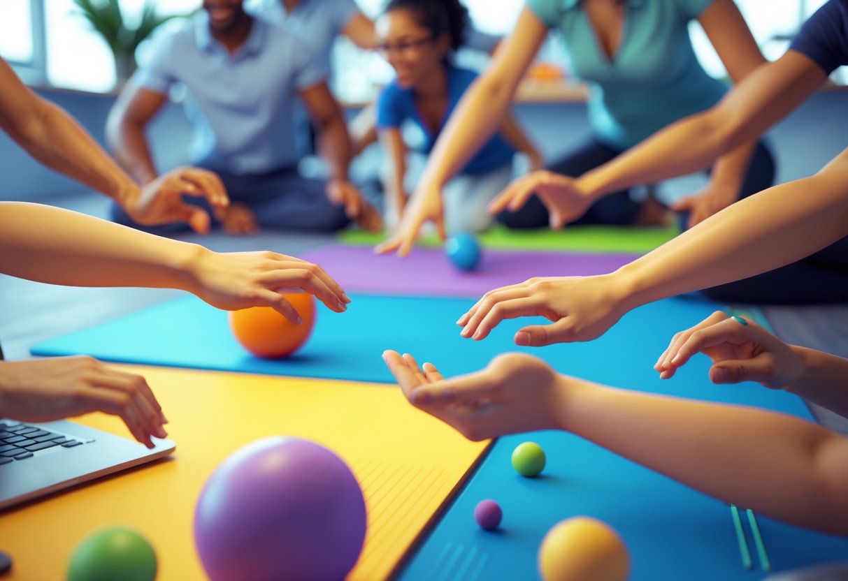 People in a bright room doing hand warmup exercises with their hands stretched and moving.
