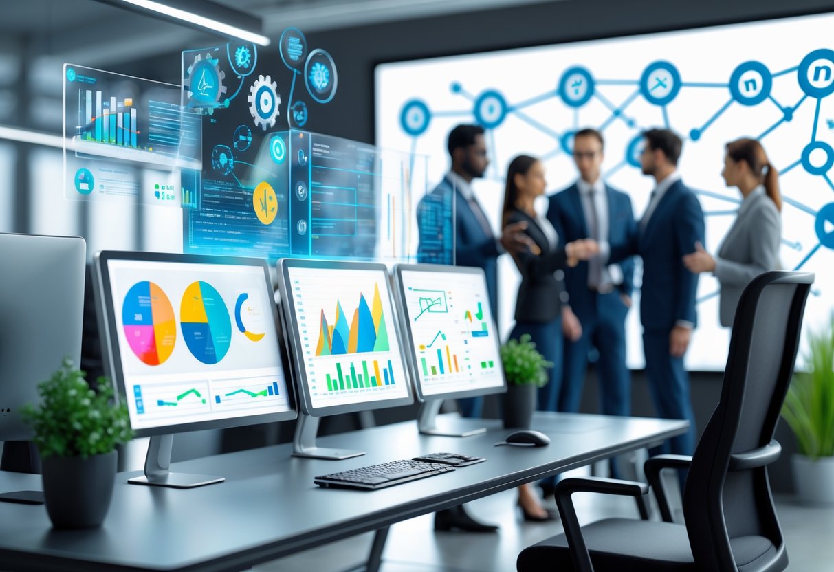 A modern office scene with a team collaborating around digital screens showing data charts and flowcharts related to management strategies.