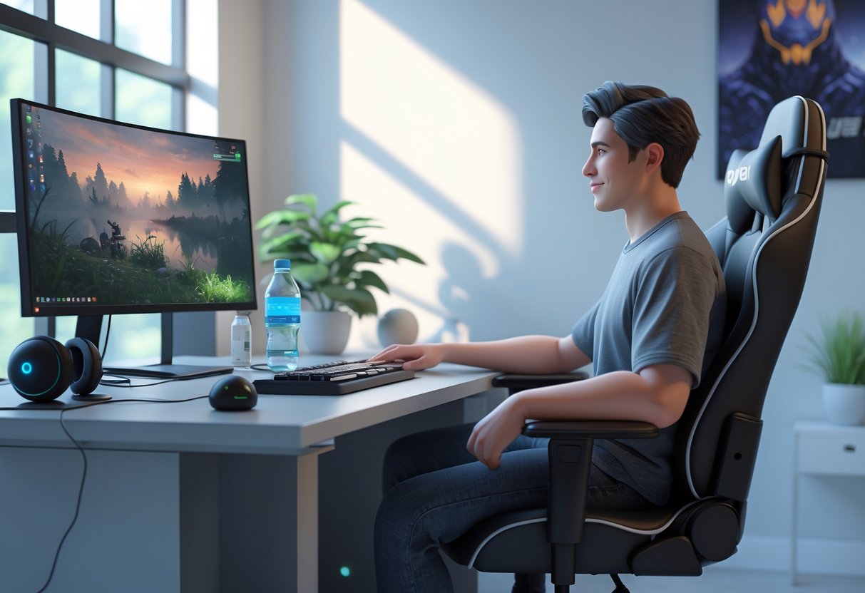 A person talking with a therapist in a calm room with gaming equipment and relaxing decorations.