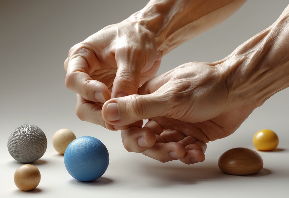 A pair of hands performing warmup exercises with one hand stretching the fingers of the other, surrounded by small objects used for tactile stimulation.