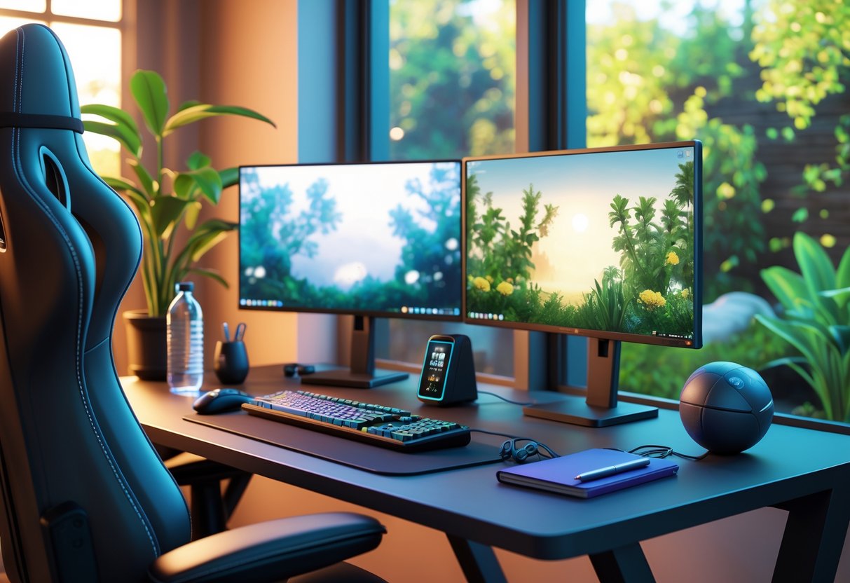 A 3D rendered scene of a gaming setup with ergonomic chair, dual monitors showing nature backgrounds, a plant, water bottle, timer, notebook, and a window with a garden outside.