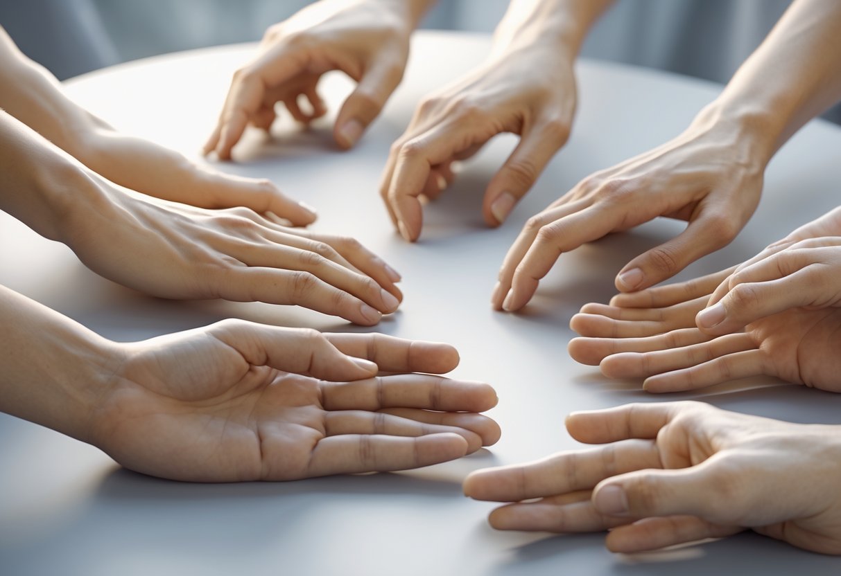 Multiple hands performing different warmup exercises including stretching fingers, rotating wrists, and rubbing palms.
