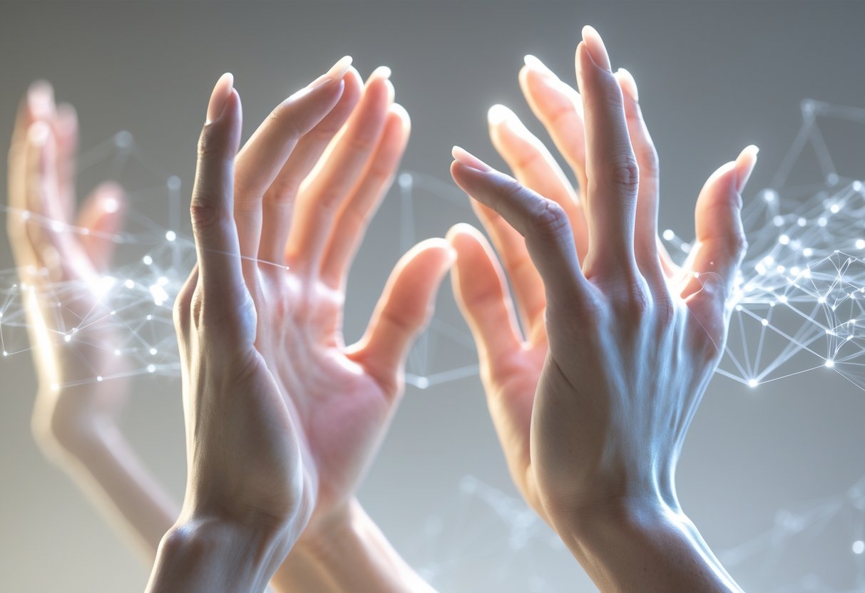A pair of hands performing warm-up exercises with fingers tapping, clapping, and interlacing, surrounded by subtle abstract patterns.
