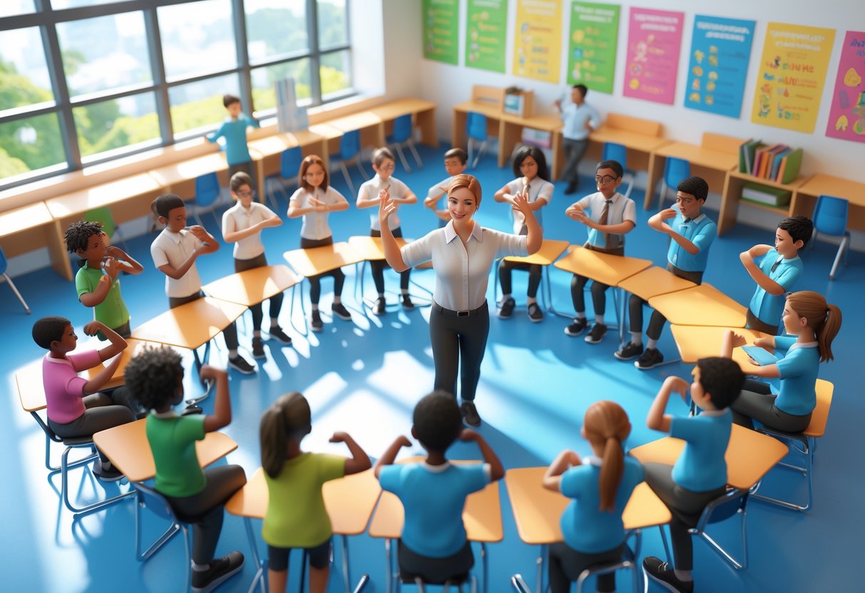 A classroom where a teacher and diverse students are doing hand warmup exercises together in a semi-circle.