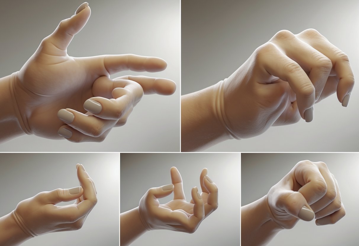 A pair of hands performing different warmup exercises including finger stretches, wrist rotations, and fist clenching.