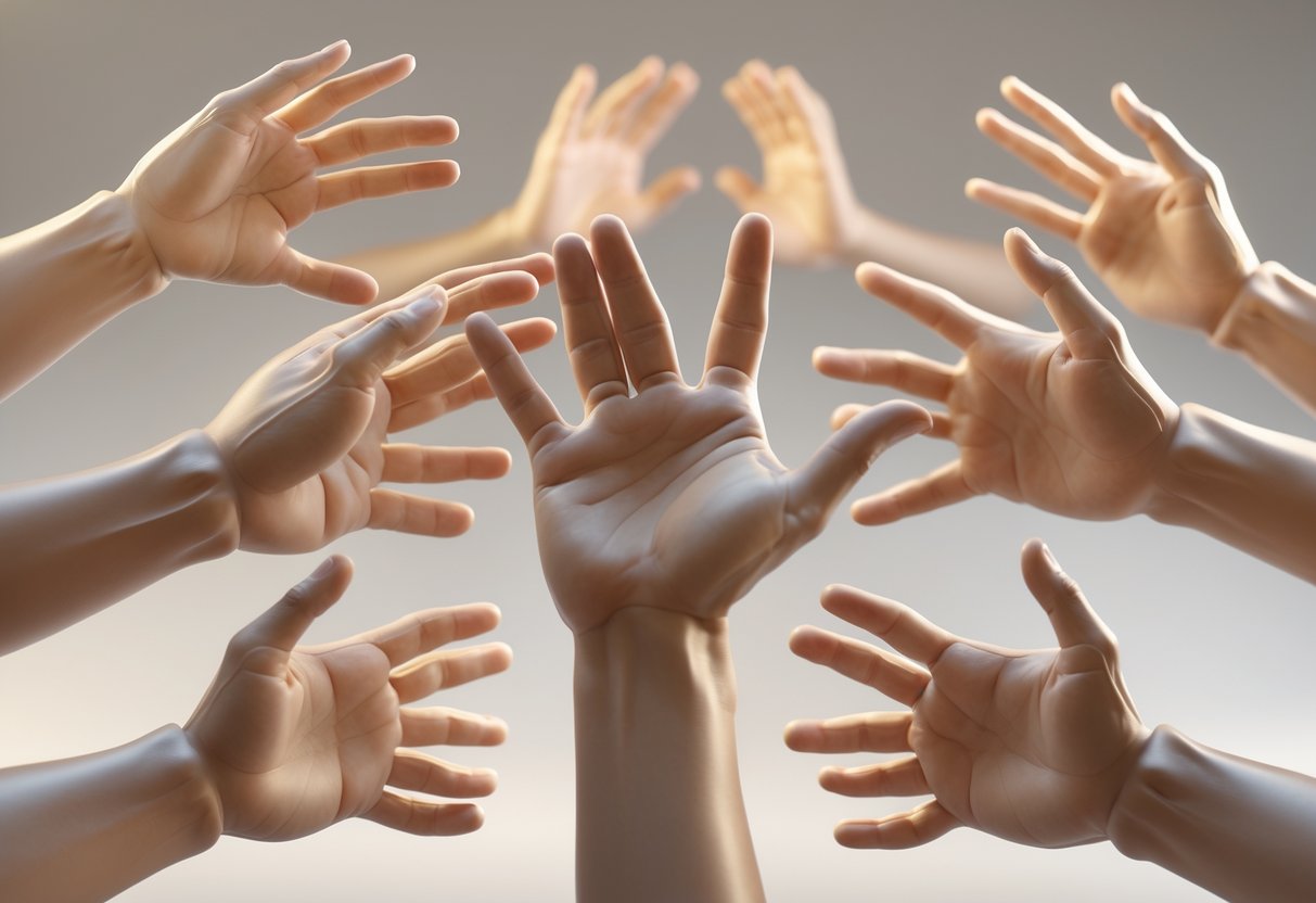 Multiple human hands shown in different positions demonstrating hand warm-up exercises.