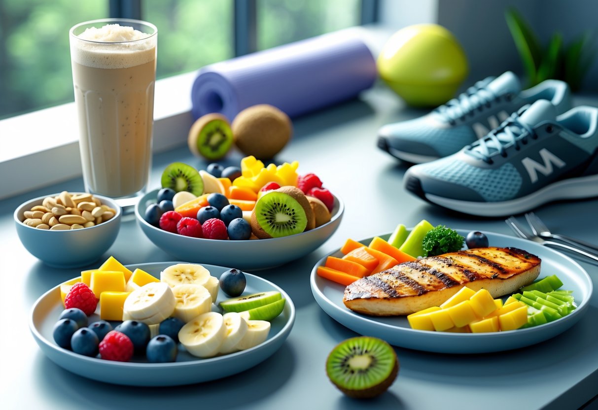 A kitchen countertop with a protein shake, fresh fruit bowl, grilled chicken with vegetables, and nuts, with sports gear nearby.