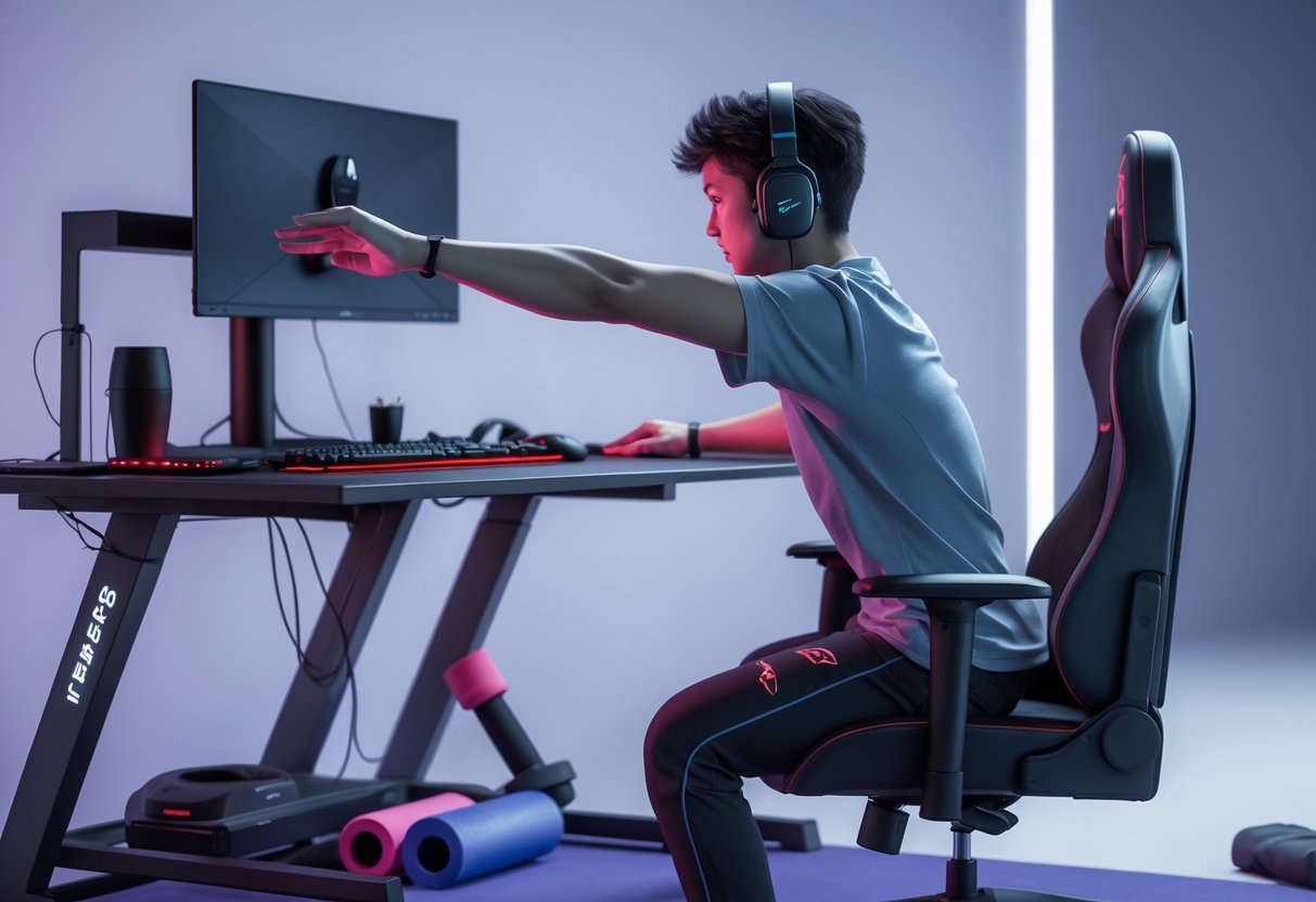 A gamer sitting at a desk performing stretching exercises with ergonomic chair and gaming equipment around.