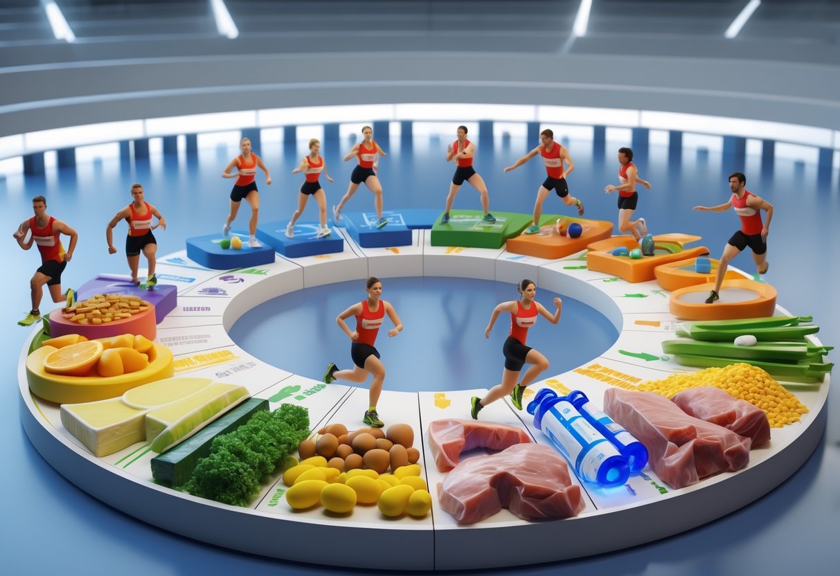 A 3D illustration showing athletes from different sports surrounded by various foods and nutrients representing their nutritional needs for competitions.