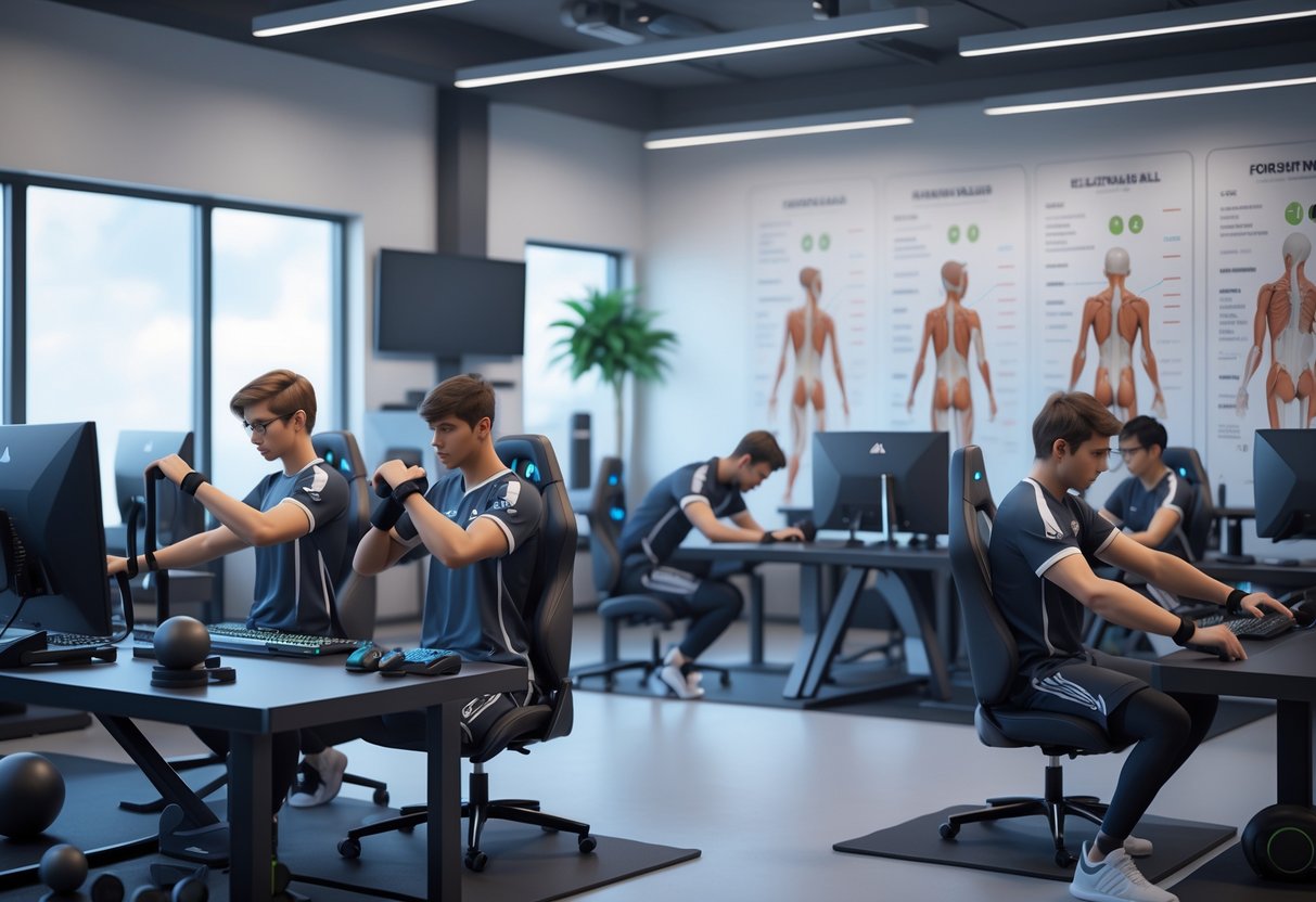 Esports athletes performing stretching and exercise routines in a training room with gaming equipment and fitness gear to prevent injuries.