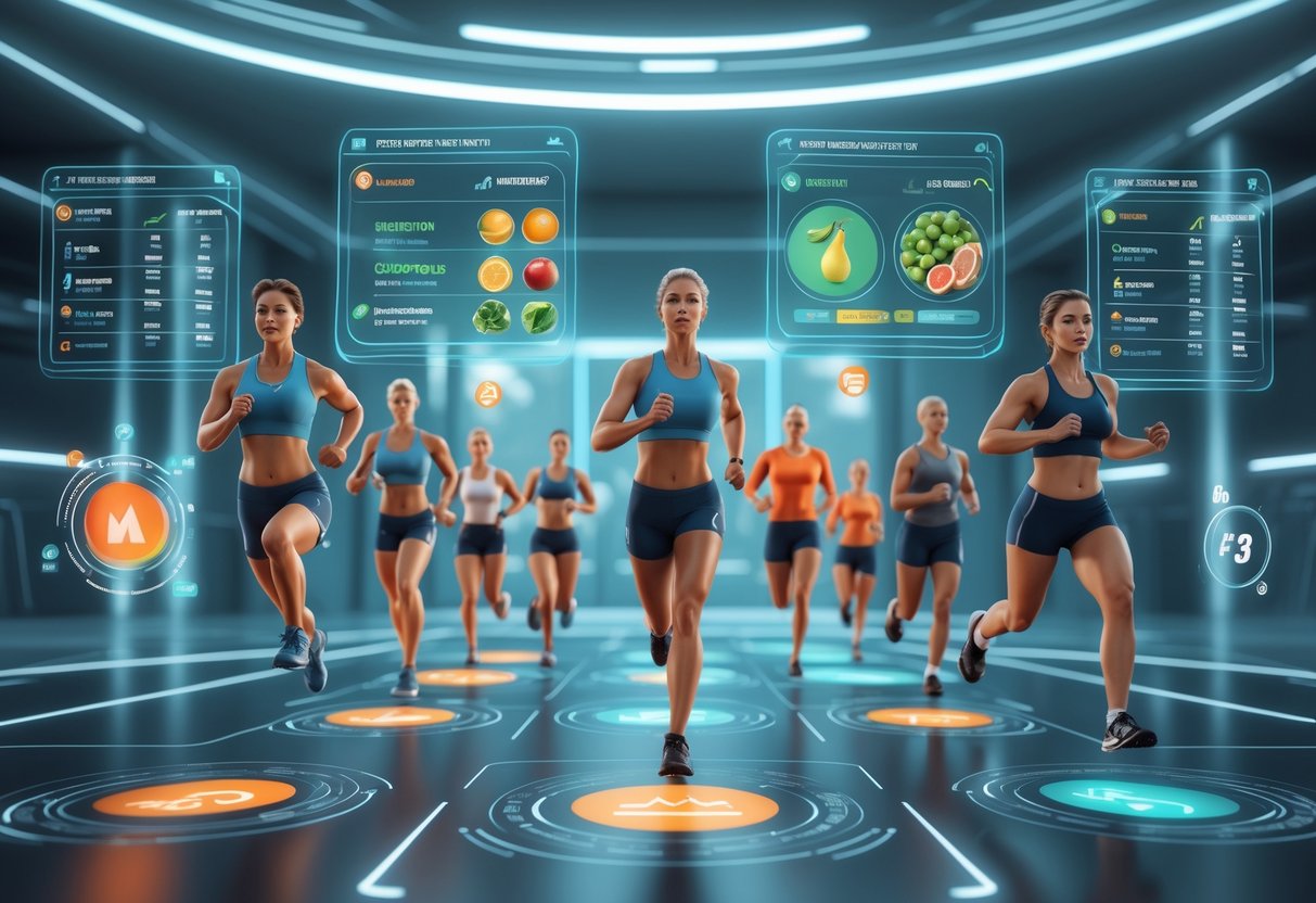 A group of athletes of different ages and genders training with personalised nutrition data visualised around them in a high-tech sports lab.