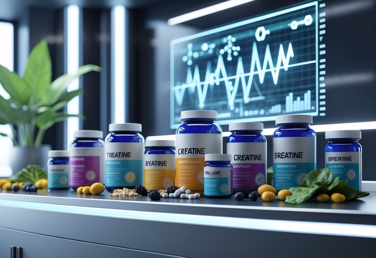 A 3D scene showing various sports supplements and natural ingredients on a lab countertop with a digital hologram displaying performance data in the background.