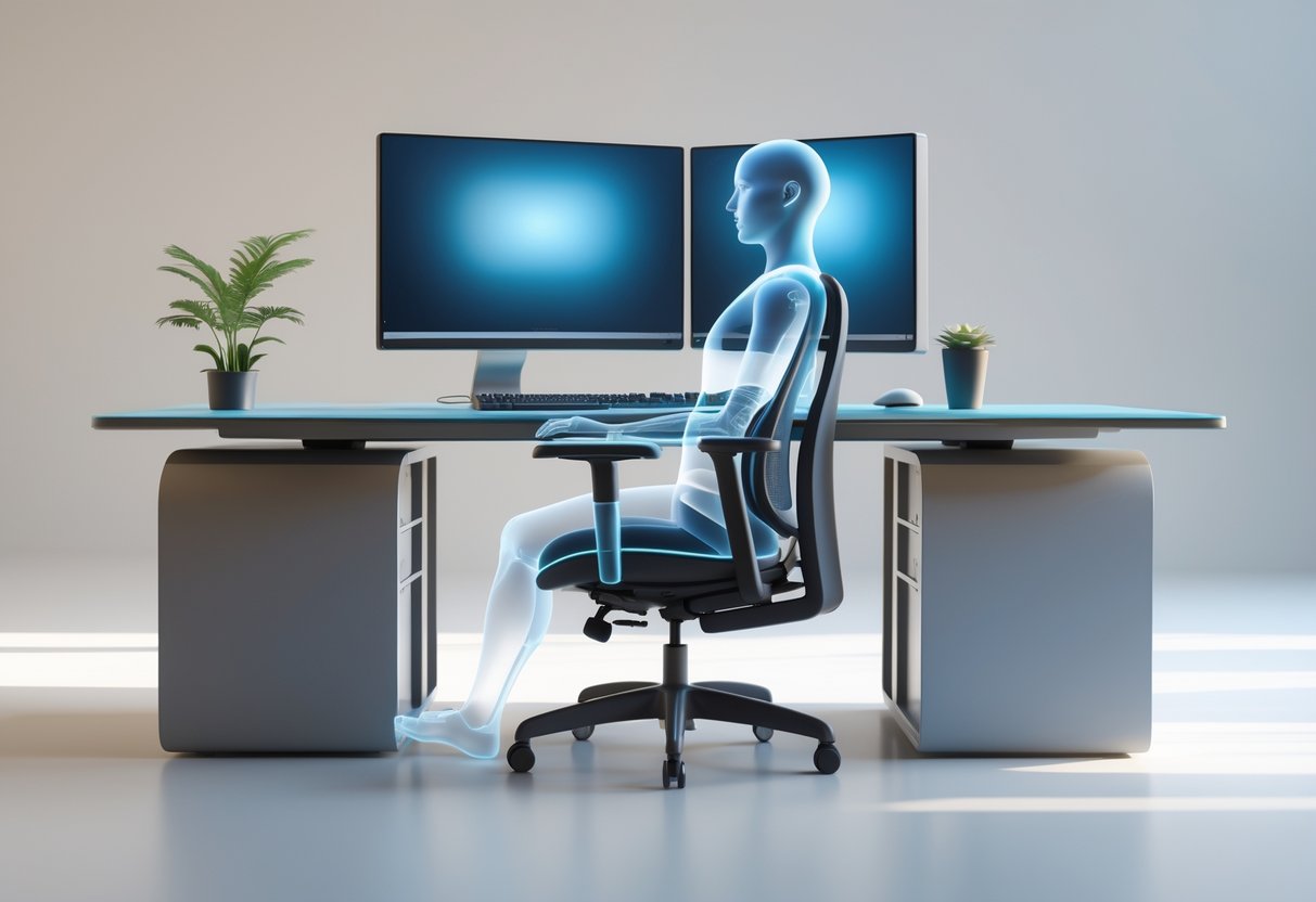 A 3D scene showing a person sitting at a desk with a computer monitor positioned at eye level, demonstrating good posture and an ergonomic workstation setup.