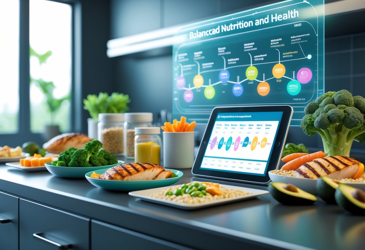 A kitchen countertop with fresh healthy foods, supplements, and a digital tablet showing a meal plan, alongside a holographic chart showing an athlete’s yearly training cycle.