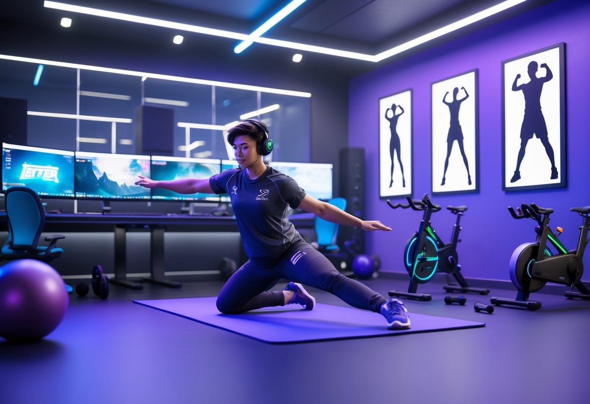 A gamer performing stretches next to gaming equipment and fitness gear in a modern training room.