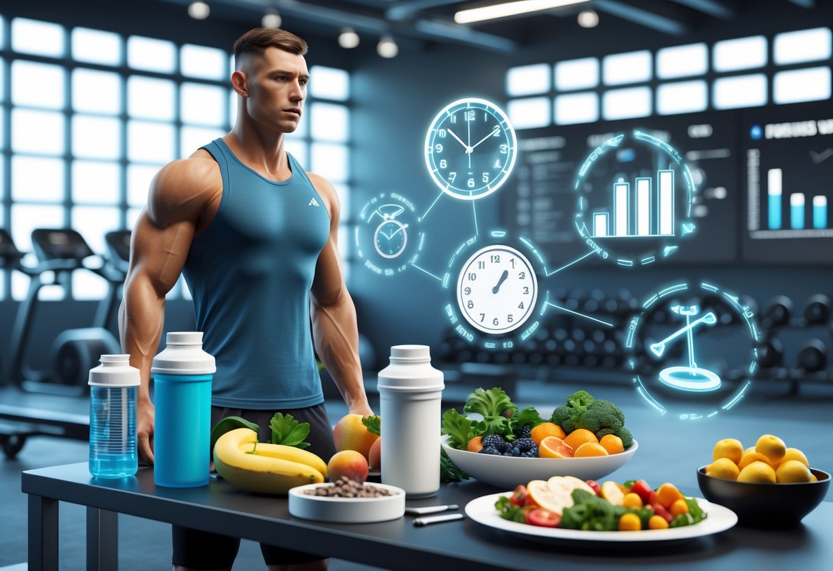 An athlete standing by a table with food and supplements, surrounded by icons representing common nutrition mistakes, in a gym environment.