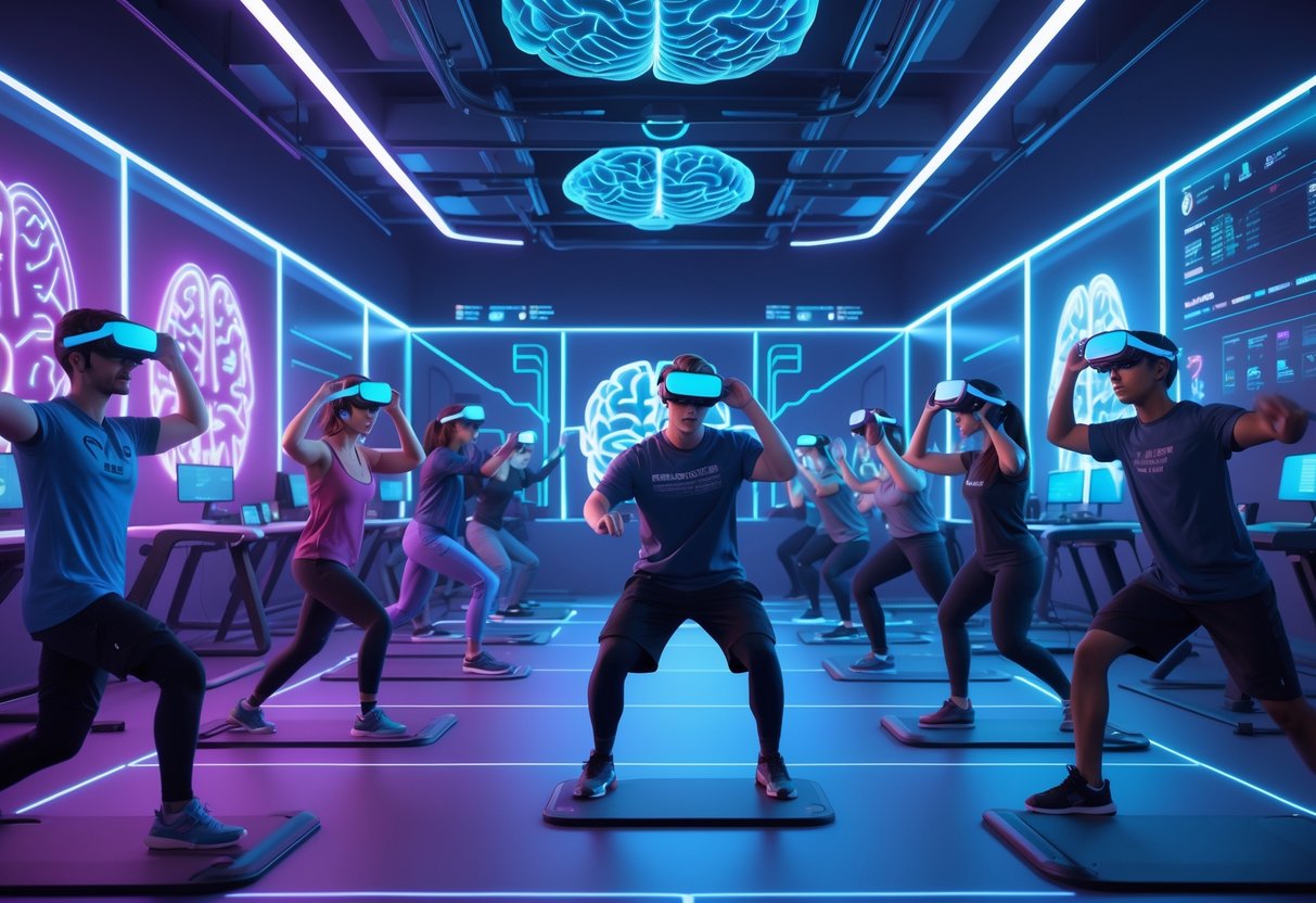 A group of young adults exercising with virtual reality headsets and motion sensors in a high-tech gym designed for mental wellness and esports training.