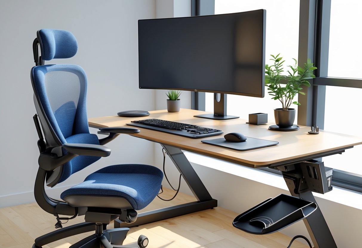 An office workspace with an ergonomic chair, sit-stand desk, curved monitor, keyboard, mouse, footrest, and a small plant.