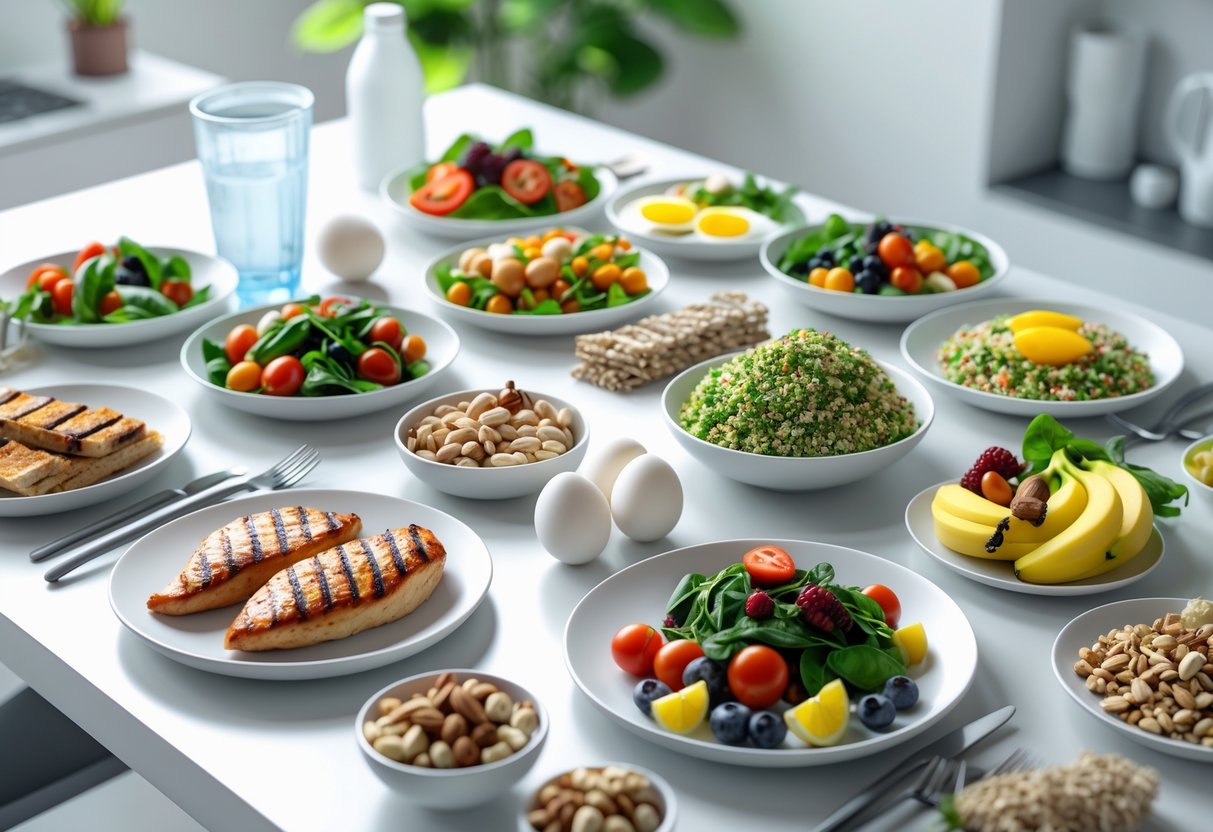 A table with a variety of healthy meals and snacks including grilled chicken, vegetables, quinoa salad, boiled eggs, nuts, protein bars, and fresh fruit in a bright kitchen.