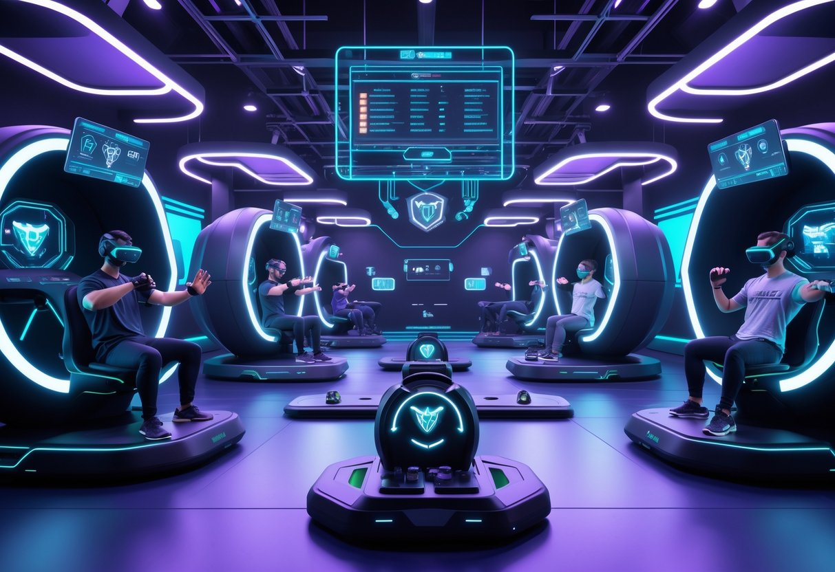 A futuristic esports training centre with players using advanced equipment for exercises tailored to different esports games.