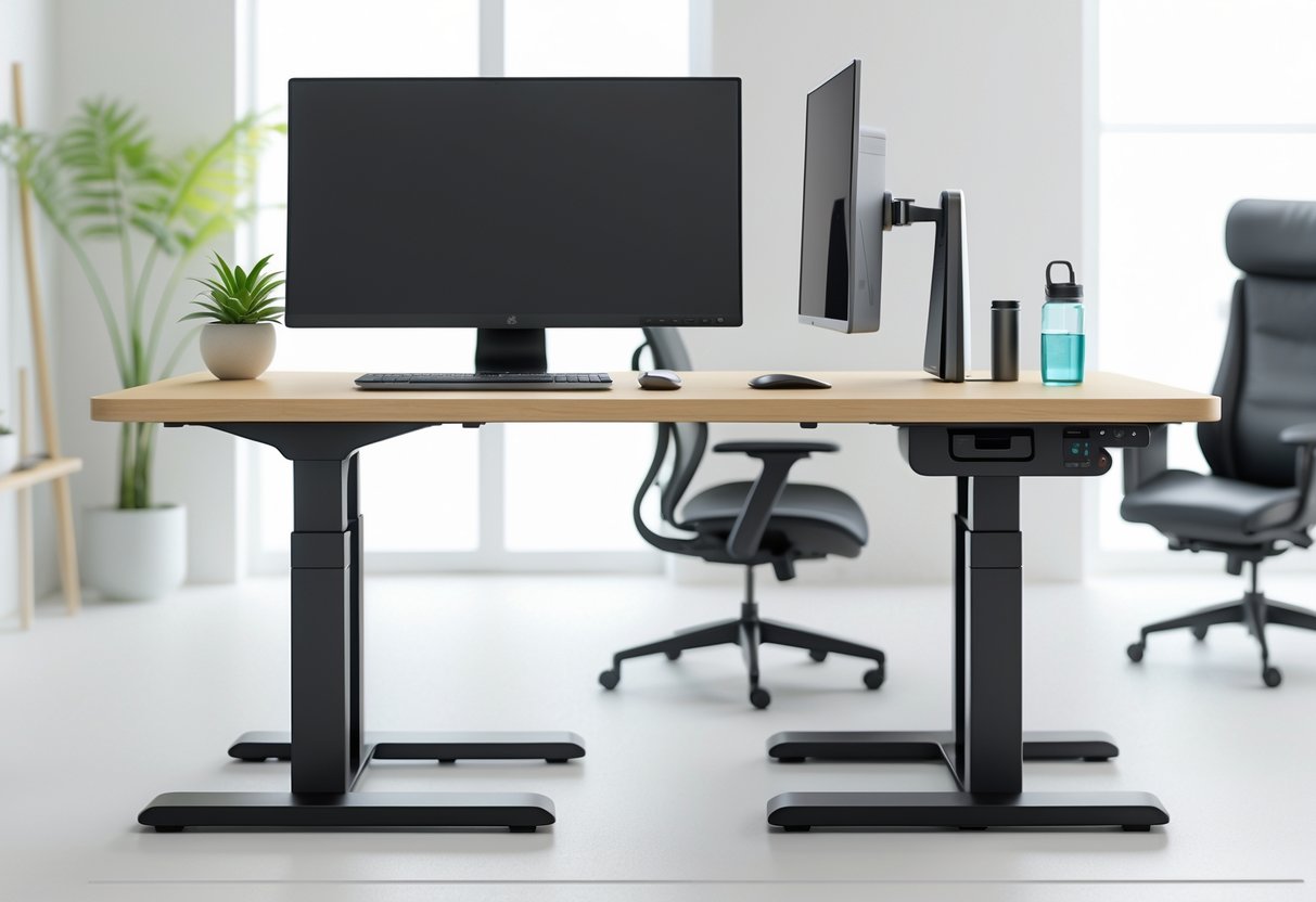A modern home office with a sit-stand desk shown in sitting and standing positions, featuring a computer, chair, and plants in a bright room.