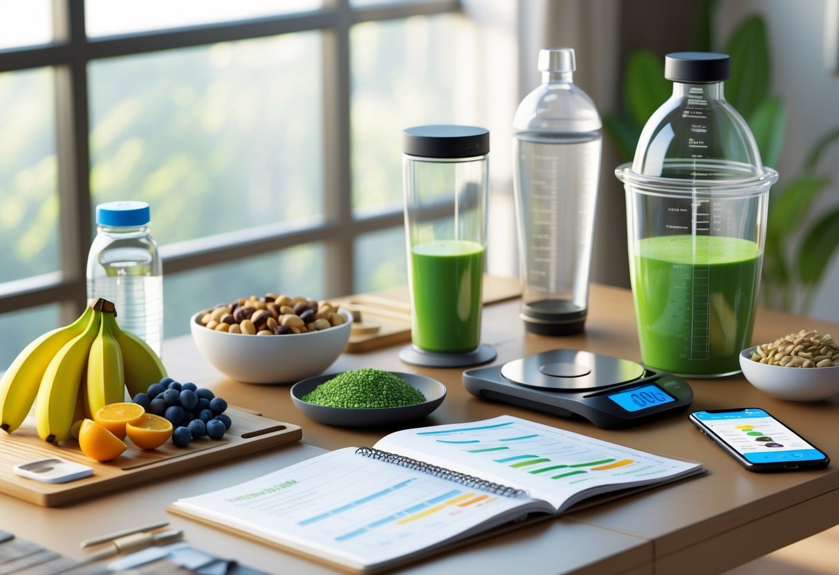 A 3D rendered scene of a tidy workspace with fresh fruits, a water bottle, kitchen scale, bowl of nuts, blender with smoothie, and a notebook, all arranged for nutrition planning.