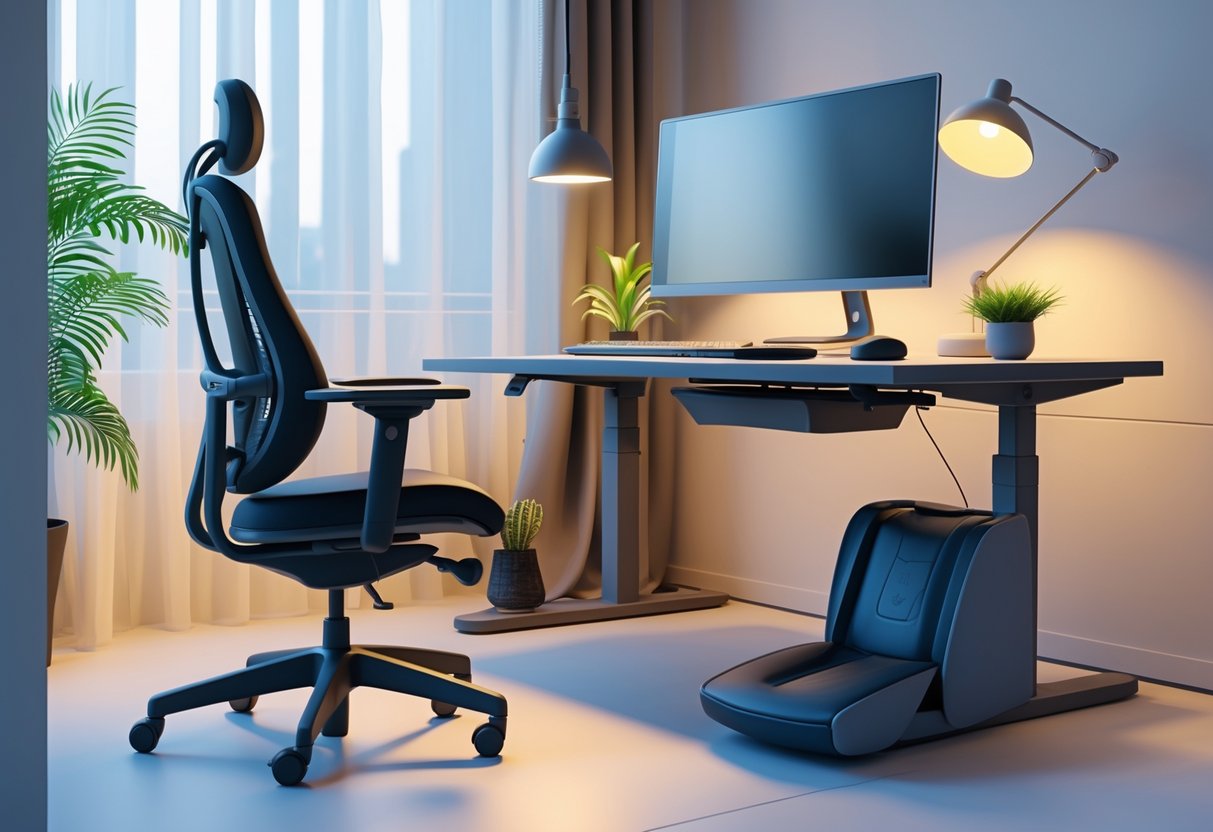 A 3D rendered scene of a tidy office workspace with an ergonomic chair, computer monitor at eye level, keyboard and mouse, adjustable desk lamp, and natural light coming through a window.