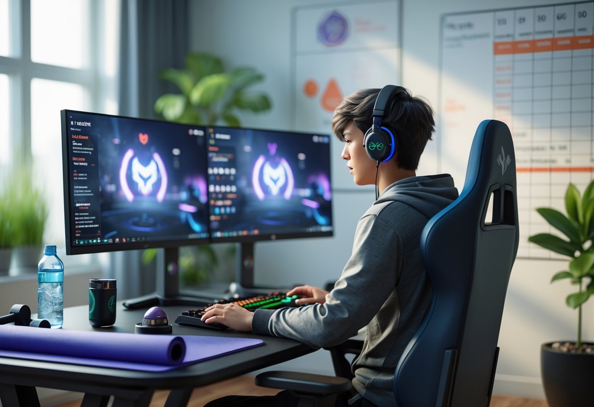 A young esports player sitting at a gaming desk with monitors, surrounded by exercise equipment and a calendar showing a balanced schedule.