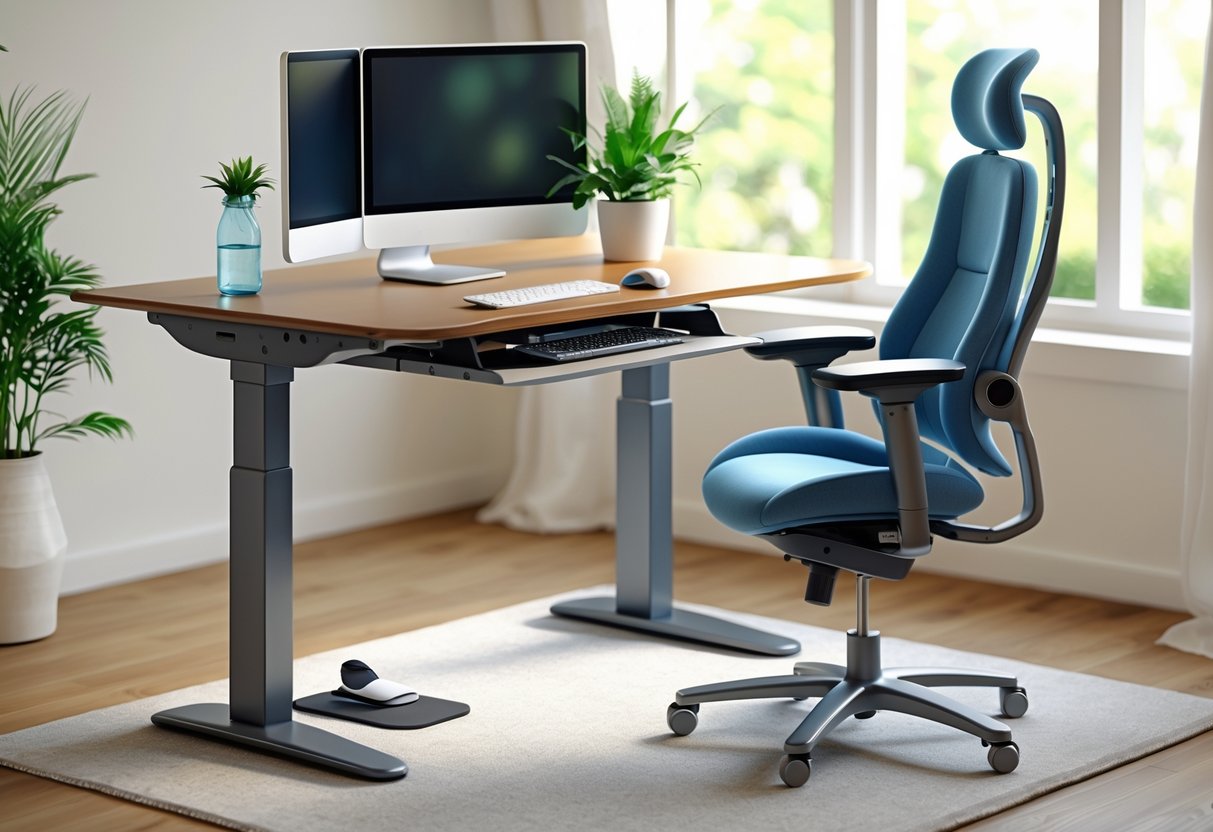 An ergonomic home office setup with an adjustable desk, supportive office chair, monitor at eye level, keyboard and mouse, a plant, water bottle, and footrest in a bright, tidy room.