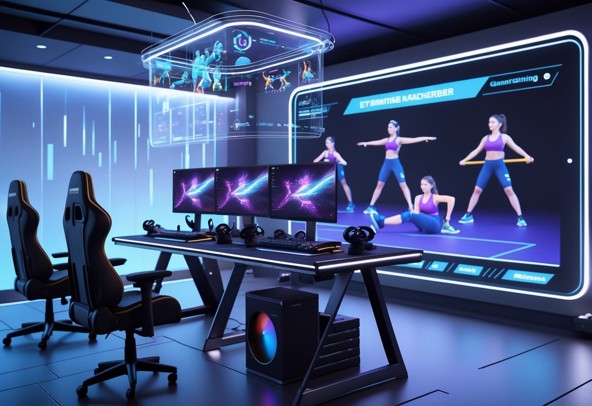 A futuristic esports training room with gaming equipment and exercise gear, showing digital workout routines on holographic displays.