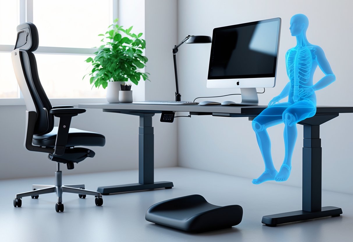 A 3D rendered office workspace showing an adjustable chair, height-adjustable desk, computer monitor, ergonomic keyboard and mouse, footrest, and a figure demonstrating correct sitting posture.