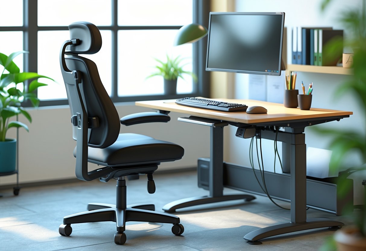 A 3D rendered ergonomic office workstation with an adjustable chair, monitor at eye level, ergonomic keyboard and mouse, footrest, and tidy desk in a well-lit room.