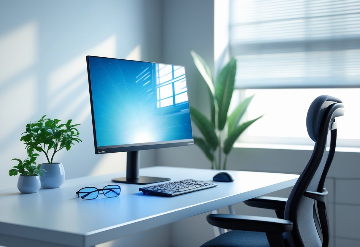 A workspace with a computer monitor angled to reduce glare, soft natural light coming through a window with curtains, a pair of glasses on the desk, a small plant, and an ergonomic chair.