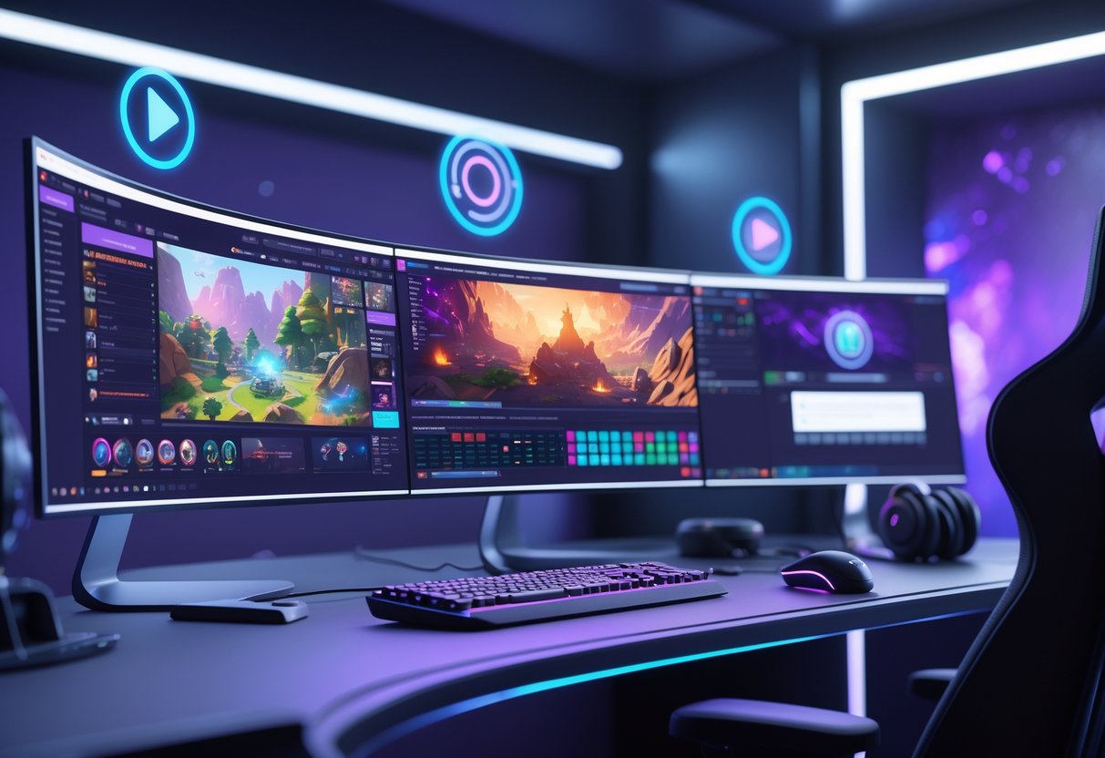 A modern digital workspace with multiple monitors showing tournament gameplay and streaming controls, surrounded by holographic icons of streaming platforms in a futuristic room.