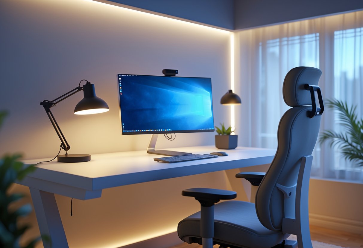 A modern workspace with an adjustable monitor, ergonomic chair, soft lighting, and natural daylight to prevent eye strain.