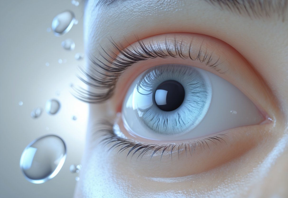 Close-up of a human eye half-closed with a shiny film of tears, showing natural blinking and moisture to prevent eye strain.