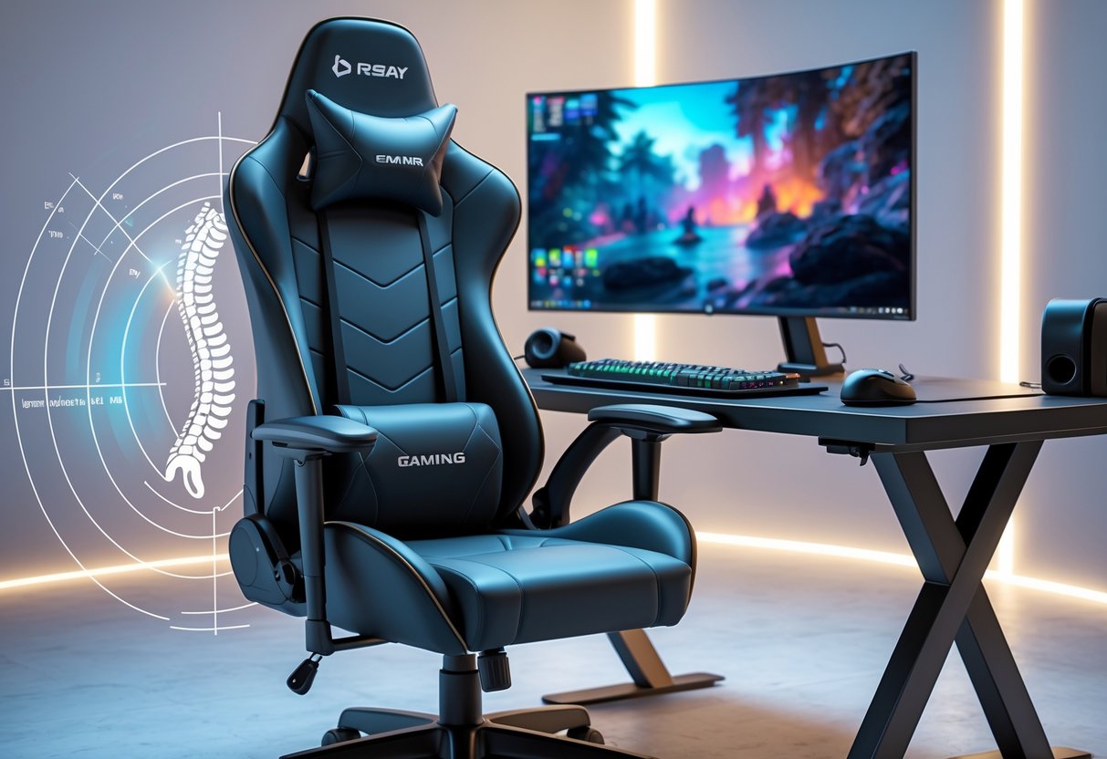A gaming chair and desk setup designed to support good posture with ergonomic features in a tidy gaming room.