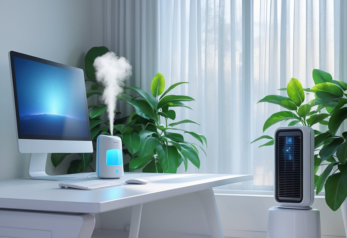Indoor workspace with a computer, humidifier releasing mist, green plants, and an air purifier next to a window letting in natural light.