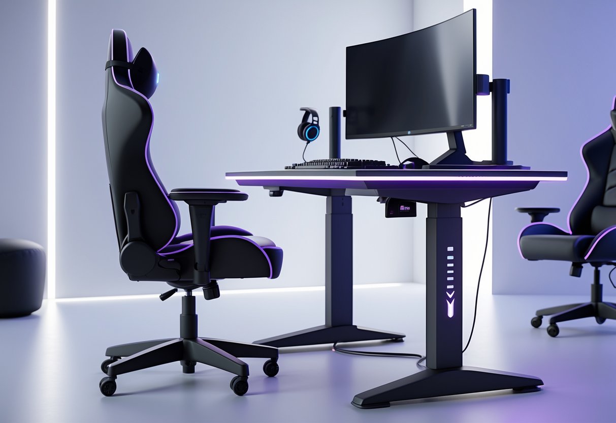 A gaming station with an ergonomic chair, adjustable desk, curved monitor, keyboard, mouse, and footrest arranged to support correct sitting posture.