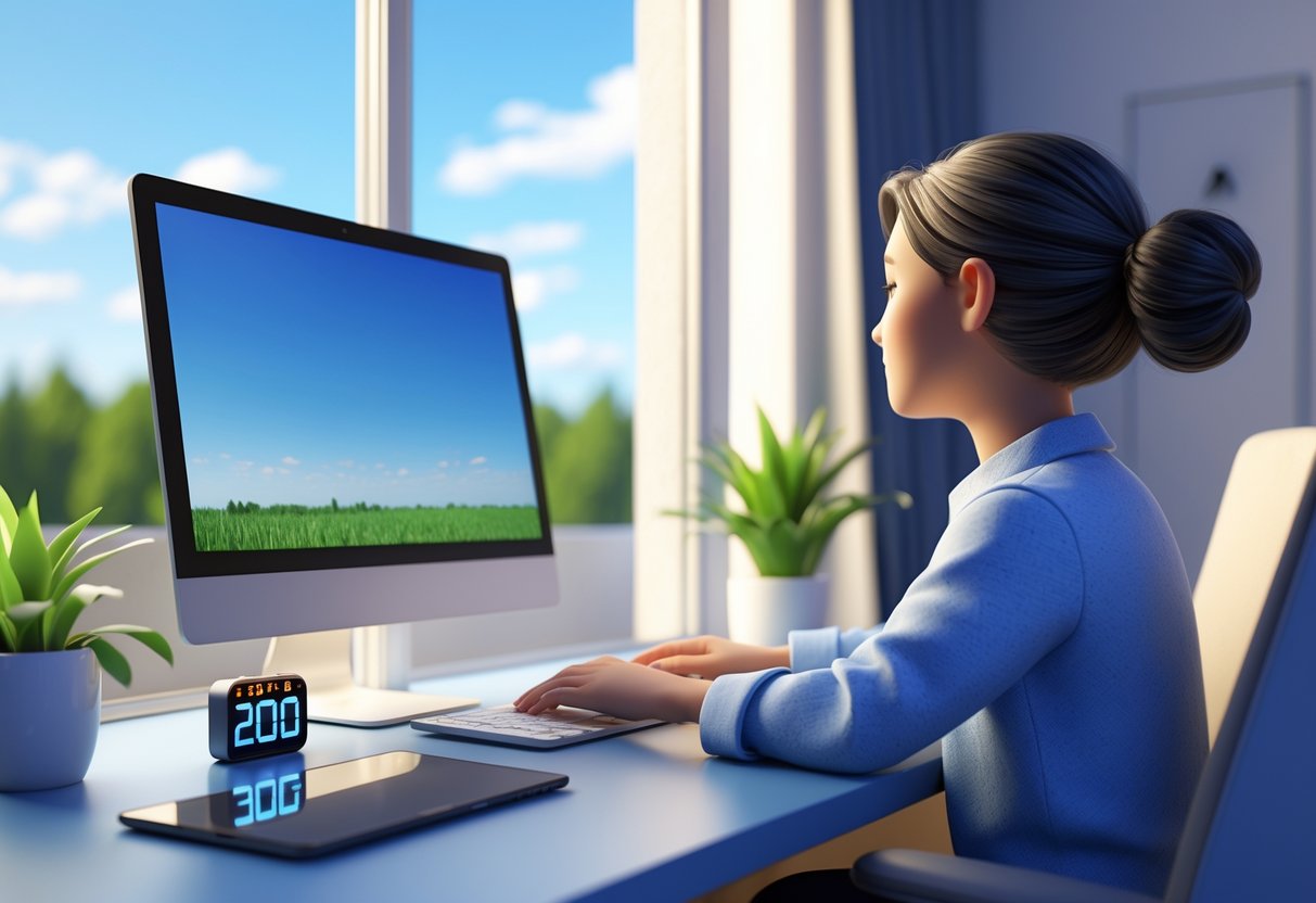 A person sitting at a desk looking away from a computer screen towards a window with trees outside, practising eye strain prevention.