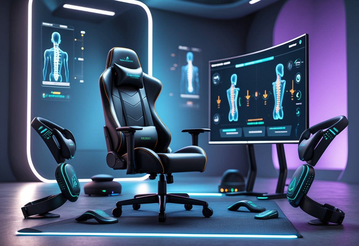 A gaming setup with a high-tech chair and wearable posture correction devices in a futuristic room, showing tools designed to improve posture during gameplay.