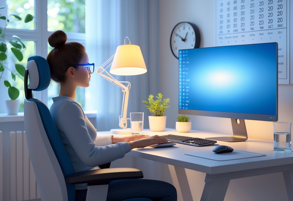 A person sitting at a desk in a bright room, looking away from a computer screen with a plant and glasses on the desk nearby.