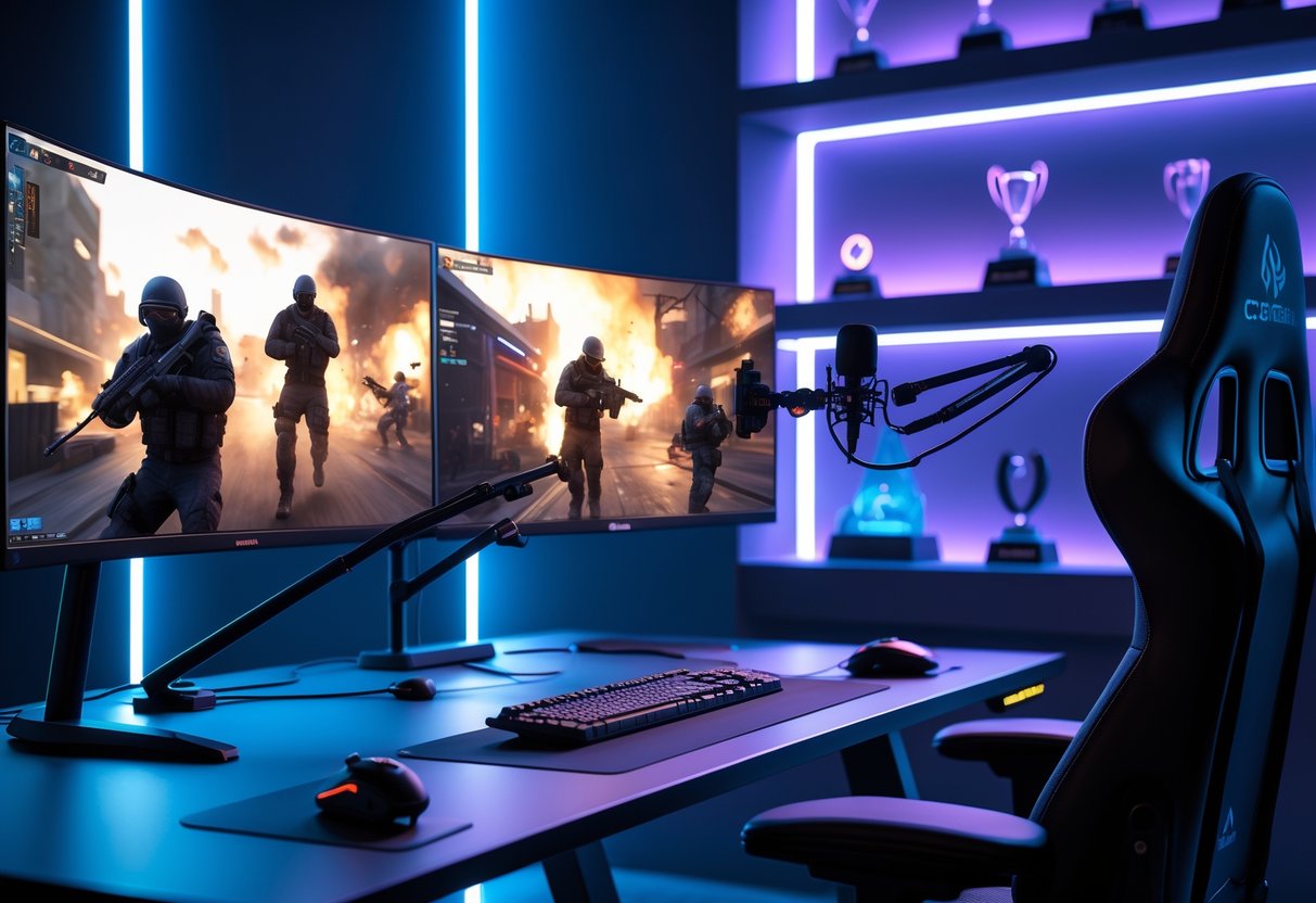 A gaming setup with dual monitors showing competitive game scenes, a microphone, streaming camera, and gaming chair in a room lit by coloured LED lights.