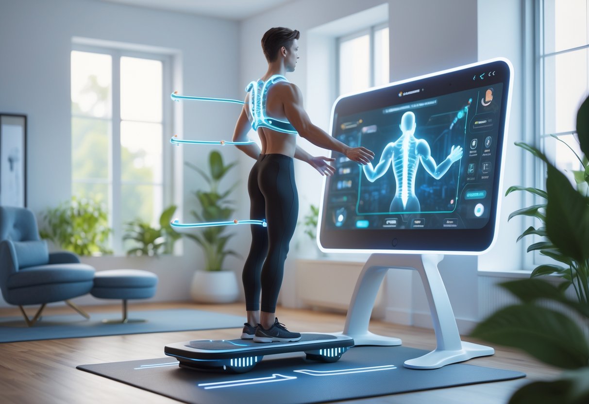 A person using posture correction equipment in a bright room, interacting with a holographic game that encourages good posture.
