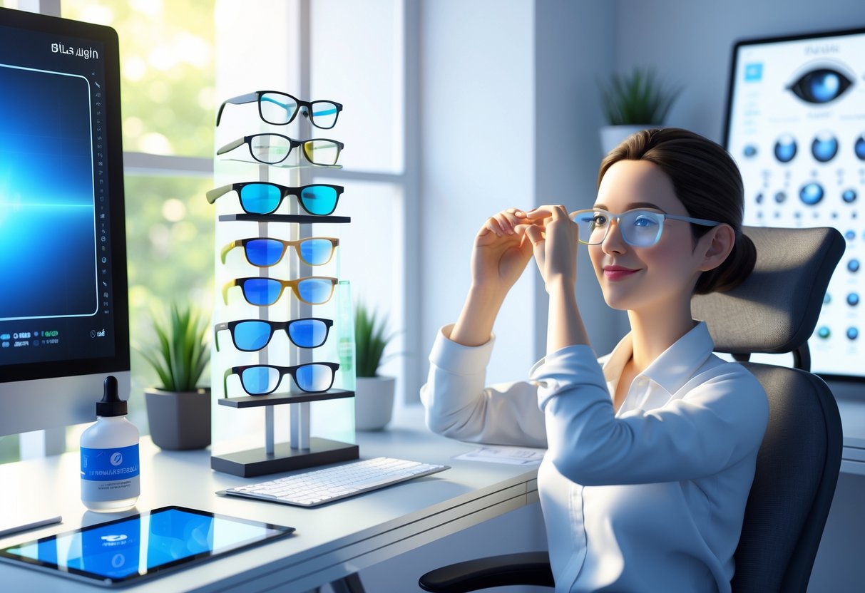 A person wearing glasses sits at a desk with a computer and several pairs of different eyeglasses nearby, in a well-lit room with plants and eye care items.