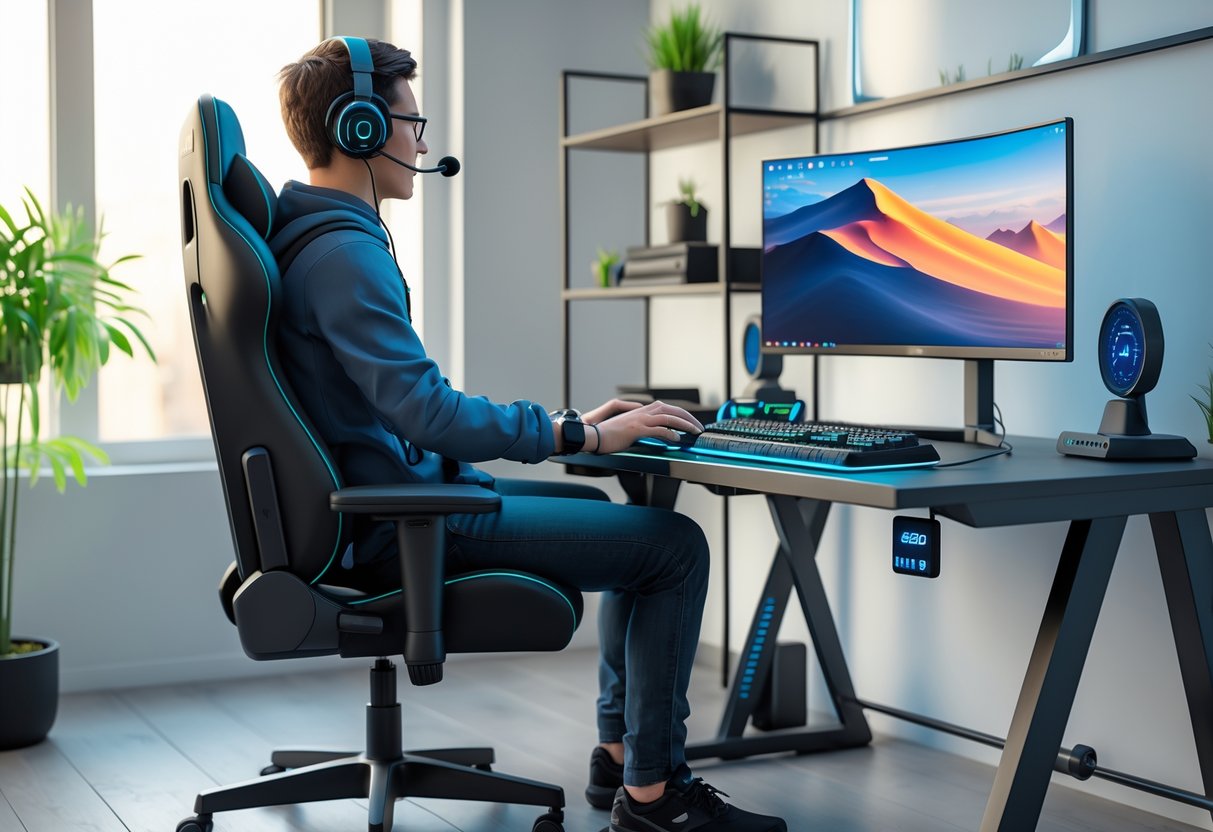 A person sitting upright in an ergonomic chair playing a video game at a desk with a curved monitor, surrounded by ergonomic equipment and a tidy room.
