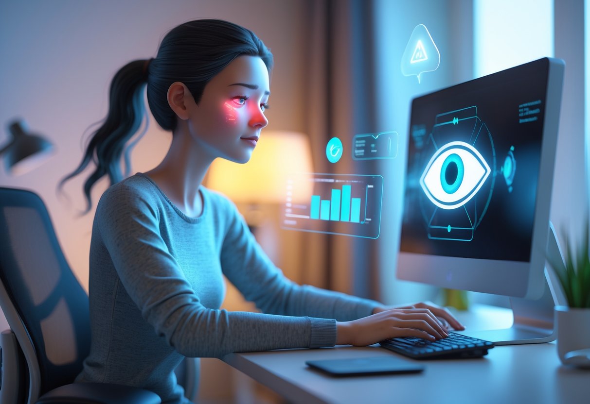A person sitting at a desk looking tired and straining their eyes while using a computer, with visual elements around them suggesting eye health and warning signs.