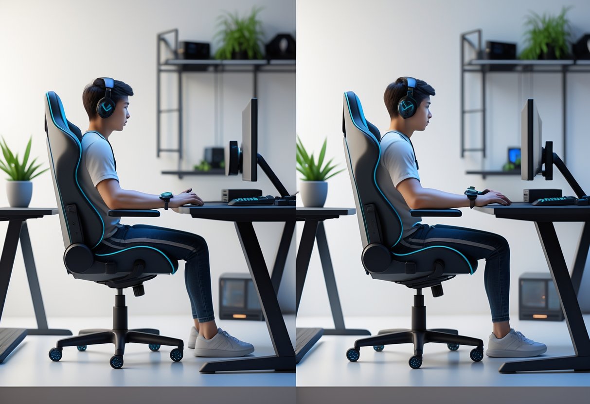 A gamer sitting at a desk in a gaming chair shown in two poses: one with poor posture and one with correct posture, surrounded by ergonomic accessories in a tidy gaming room.